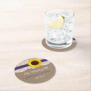 Dessous-de-verre Rond En Papier Collection de Mariages de tournesol rustique - vio