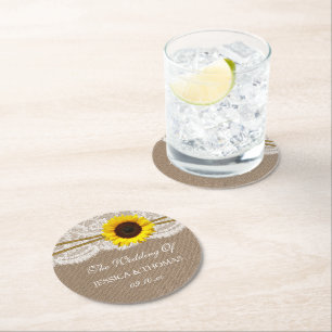 Dessous-de-verre Rond En Papier Collection de Mariages de tournesols rustiques