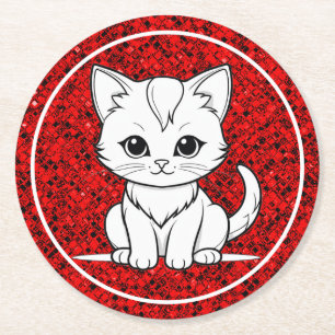 Dessous-de-verre Rond En Papier Conception de dessin au trait de chat stylisé-5231