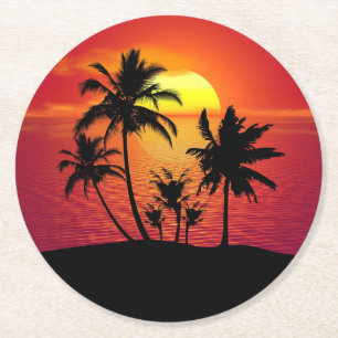 Dessous-de-verre Rond En Papier Conception de silhouette de palmiers au coucher du