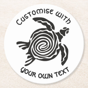 Dessous-de-verre Rond En Papier Conception de tortue tribale de texte personnalisé