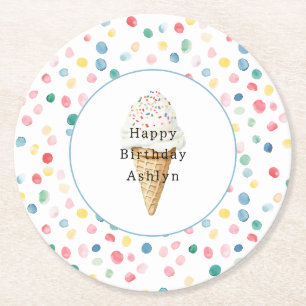 Dessous-de-verre Rond En Papier Cône de Glace Anniversaire Confettis Points Coloré