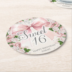 Dessous-de-verre Rond En Papier Coquette Bow rose Floral Vintage Sweet 16