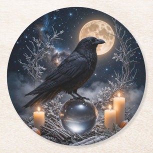 Dessous-de-verre Rond En Papier Corbeau sur une boule de cristal Bougies mystiques