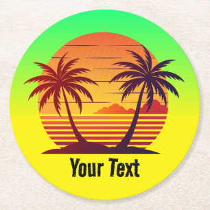 Dessous-de-verre Rond En Papier Coucher de soleil avec palmiers Vector-98803