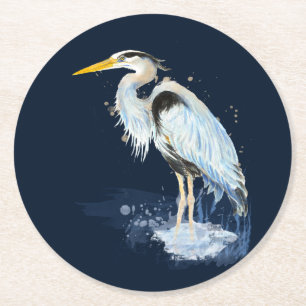 Dessous-de-verre Rond En Papier Couleur d'eau d'origine Oiseau du Grand Héron Bleu