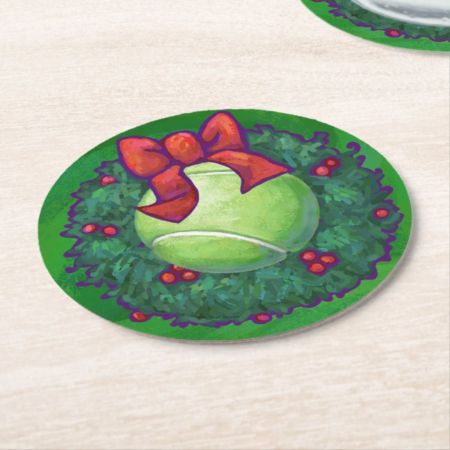 Dessous-de-verre Rond En Papier Courbe de Noël de Tennis Ball sur Green (Incliné)