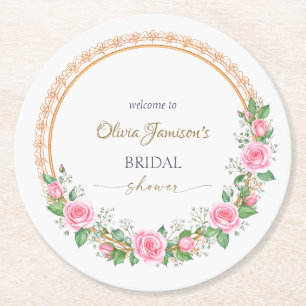 Dessous-de-verre Rond En Papier Couronne de mariée aux roses rose pastel et gypsop