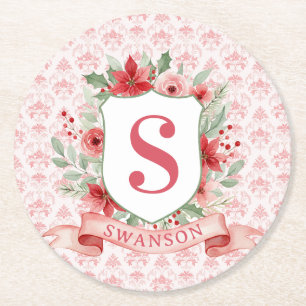 Dessous-de-verre Rond En Papier Couronne de Noël grandmillennial à monogramme