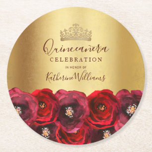 Dessous-de-verre Rond En Papier Couronne de Quinceañera florale rouge chic en or