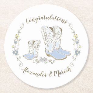 Dessous-de-verre Rond En Papier Cowboy Baby shower Pays Western Blue Boy