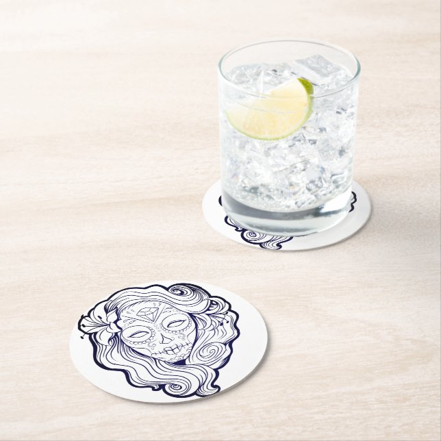 Dessous-de-verre Rond En Papier Crâne à sucre noir et blanc (En situation)