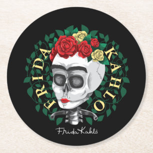 Dessous-de-verre Rond En Papier Crâne de Frida Kahlo   avec la couronne rose
