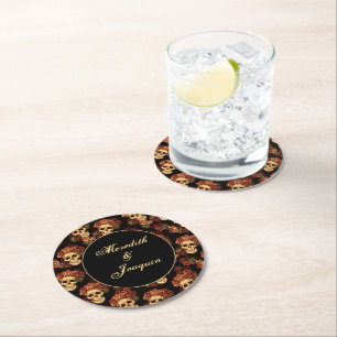 Dessous-de-verre Rond En Papier Crâne gothique Rouge Rose Noir Halloween Mariage