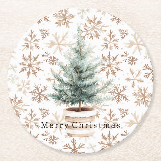 Dessous-de-verre Rond En Papier Cream White Snowflakes Christmas Tree  (Devant)