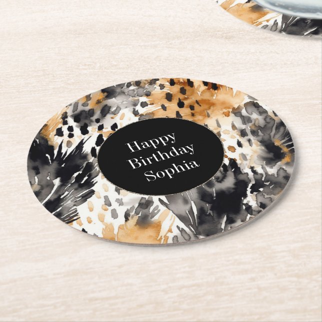 Dessous-de-verre Rond En Papier Crème noire blanche léopard animal Anniversaire (Incliné)