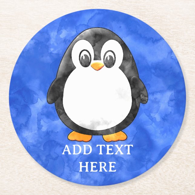 Dessous-de-verre Rond En Papier Cute Aquarelle Pingouin bleu (Devant)