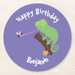 Dessous-de-verre Rond En Papier Cute chameleon attraper un dessin animé