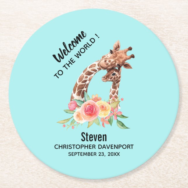Dessous-de-verre Rond En Papier Cute Giraffe Aquarelle Maman & Nouveau bébé (Devant)
