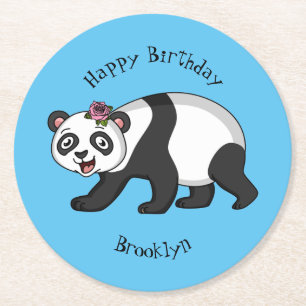 Dessous-de-verre Rond En Papier Cute happy panda bear with flower cartoon