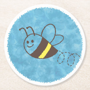 Dessous-de-verre Rond En Papier Cute Little Bee Flying Blue Aquarelle Baby shower