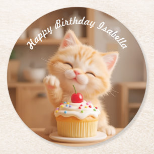 Dessous-de-verre Rond En Papier Cute Orange Kitten avec un Cupcake