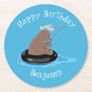Dessous-de-verre Rond En Papier Cute ourson ourson pêche anniversaire personnalisé
