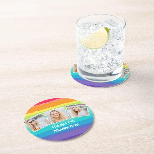 Dessous-de-verre Rond En Papier Cute Rainbow Photo Collage Personnalisé Anniversai (En situation)