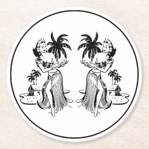 Dessous-de-verre Rond En Papier Danseurs hawaïens de Hula sur l'île tropicale Retr