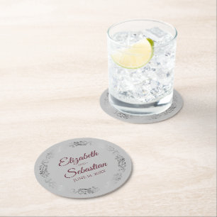 Dessous-de-verre Rond En Papier Dentelle d'argent Bourgogne sur gris élégant maria