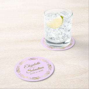 Dessous-de-verre Rond En Papier Dentelle d'or sur Lilac Purple Mariage élégant