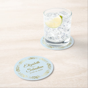 Dessous-de-verre Rond En Papier Dentelle d'or sur poudre légère Bleu Mariage éléga