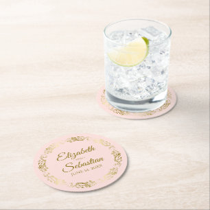 Dessous-de-verre Rond En Papier Dentelle d'or sur un mariage rose pâle et rose élé