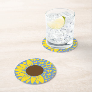 Dessous-de-verre Rond En Papier Dessous de verre bleu et jaune tournesol et papill