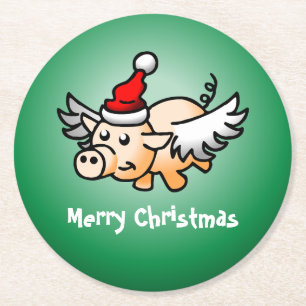 Dessous-de-verre Rond En Papier Dessous de verre de papier de Noël de porc volant