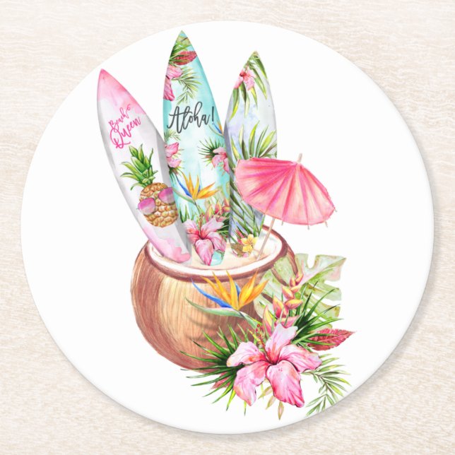 Dessous-de-verre Rond En Papier dessous de verre de surf d'Aloha (Devant)
