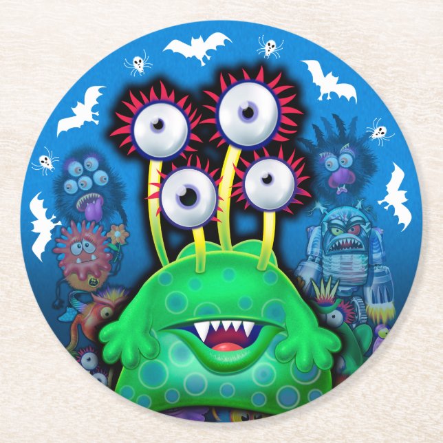 Dessous-de-verre Rond En Papier Dessous de verre d'Halloween Monster Personnalisé. (Devant)