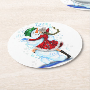 Dessous-de-verre Rond En Papier Dessous de verre en papier de Noël Snowman and Gir