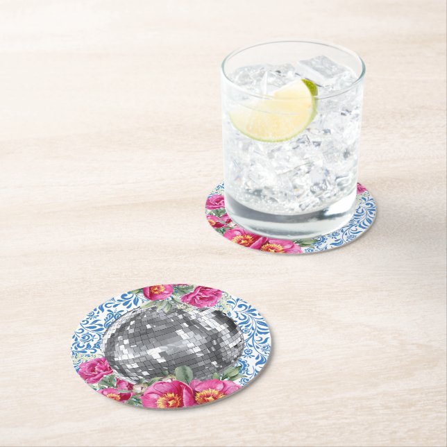 Dessous-de-verre Rond En Papier Disco Ball rose Floral Carrelage bleu (En situation)