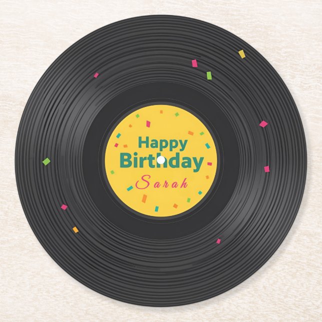 Dessous-de-verre Rond En Papier Disque vinyle personnalisé Joyeux Anniversaire  (Devant)