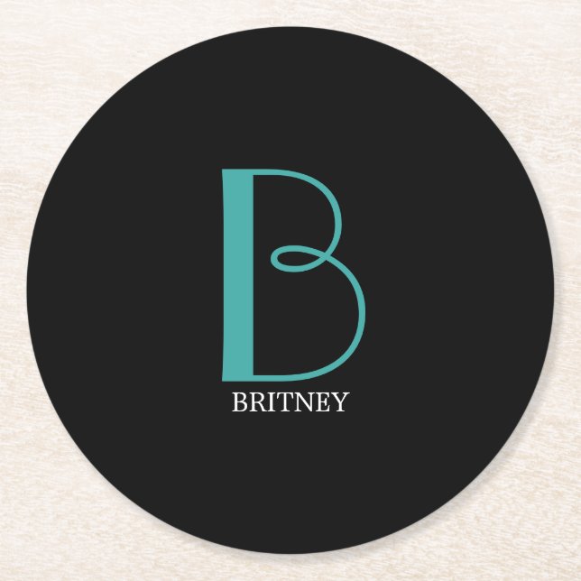 Dessous-de-verre Rond En Papier DIY Large Monogram & Name, Teal/White Text, Black (Devant)