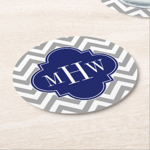 Dessous-de-verre Rond En Papier Dk Grey Lg Chevron Navy Quatrefoil 3 Monogramme