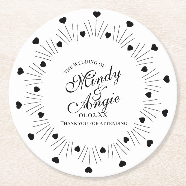 Dessous-de-verre Rond En Papier Doodle Hearts Frame Script Wedding (Devant)