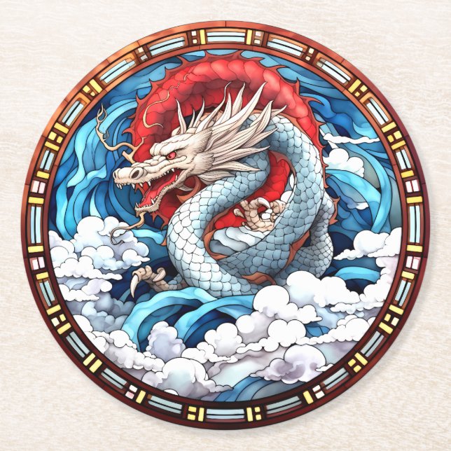 Dessous-de-verre Rond En Papier Dragon mythique asiatique en rouge et bleu (Devant)