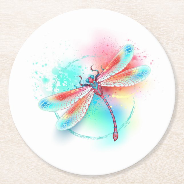 Dessous-de-verre Rond En Papier Dragonfly rouge sur l'arrière - plan aquarelle (Devant)
