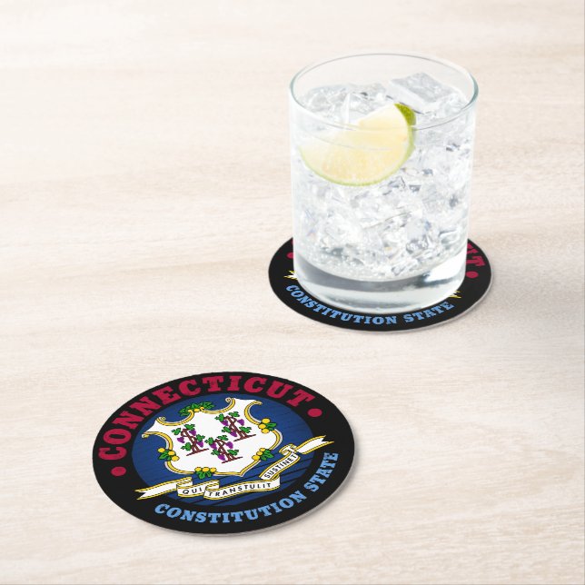 DESSOUS-DE-VERRE ROND EN PAPIER DRAPEAU D'ÉTAT CONSTITUTION CONNECTICUT (En situation)