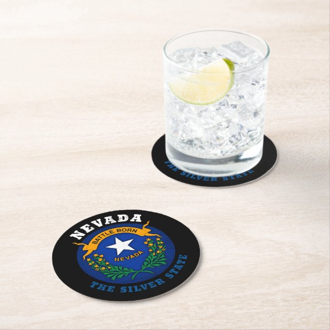 DESSOUS-DE-VERRE ROND EN PAPIER DRAPEAU D'ÉTAT D'ARGENT NEVADA (En situation)