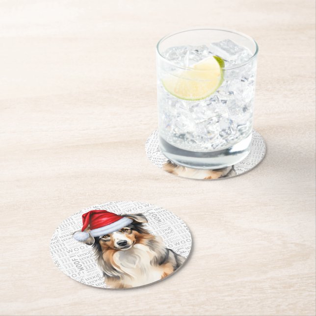 Dessous-de-verre Rond En Papier Drôle chien berger australien Noël (En situation)
