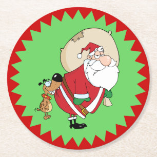Dessous-de-verre Rond En Papier Drôle Chien Biting Père Noël Noël