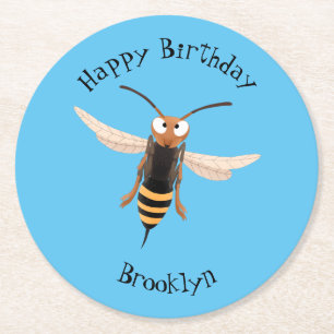 Dessous-de-verre Rond En Papier Drôle dessin animé de guêpe à cornet en colère